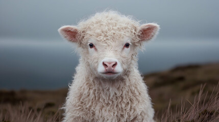 Fluffy lamb, gazing, coastal hill, overcast