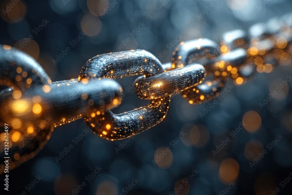 Poster close-up view of a glowing metal chain link illuminated by light against a dark background with spar