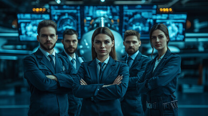 Obraz premium A team of four aviation engineers, two men and two women, dressed in technical uniforms, standing in front of a futuristic aircraft prototype with blurred blueprints and high-tech displays behind them
