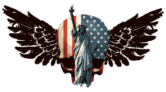 Vector human skull with flag of the United States of America, Statue of Liberty and bird wings. Graphic print for clothes, fabric, wallpaper, wrapping paper, t-shirt design