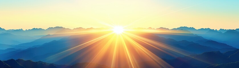 Obraz premium A breathtaking sunrise casts golden rays over misty mountains, illuminating the serene landscape with soft light and vibrant colors.