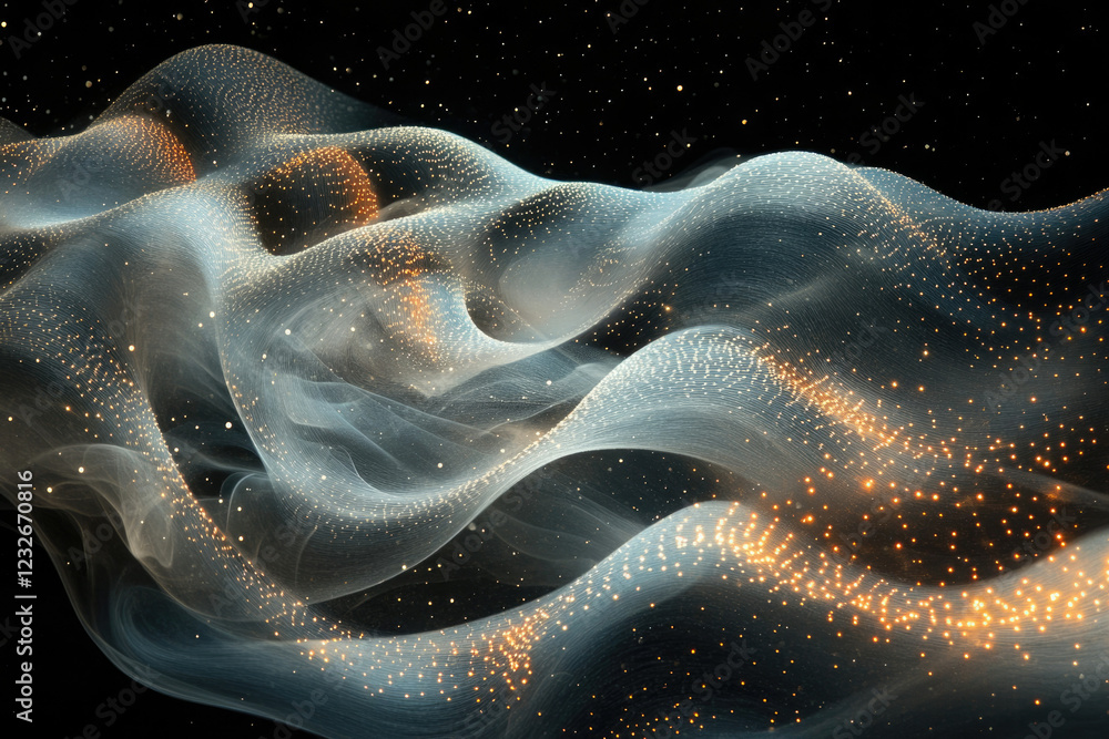 Poster abstract cosmic waves of light and particles, glittering in the dark, ethereal and elegant.