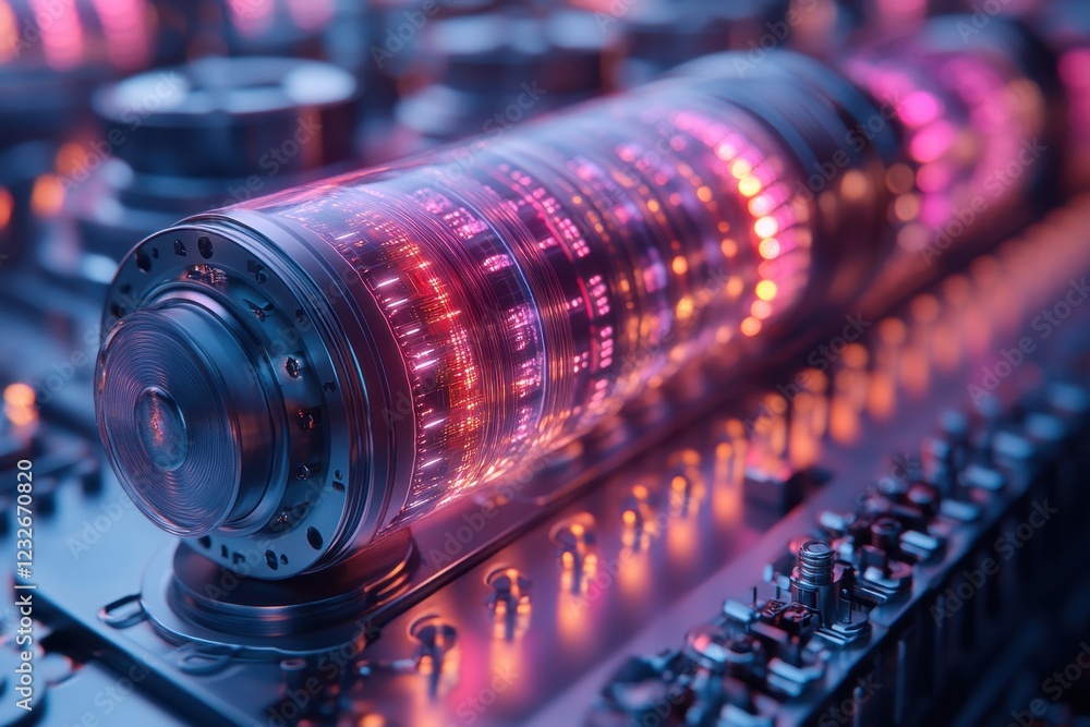Poster modern technological design displays glowing tubes and intricate circuitry in a futuristic setting a