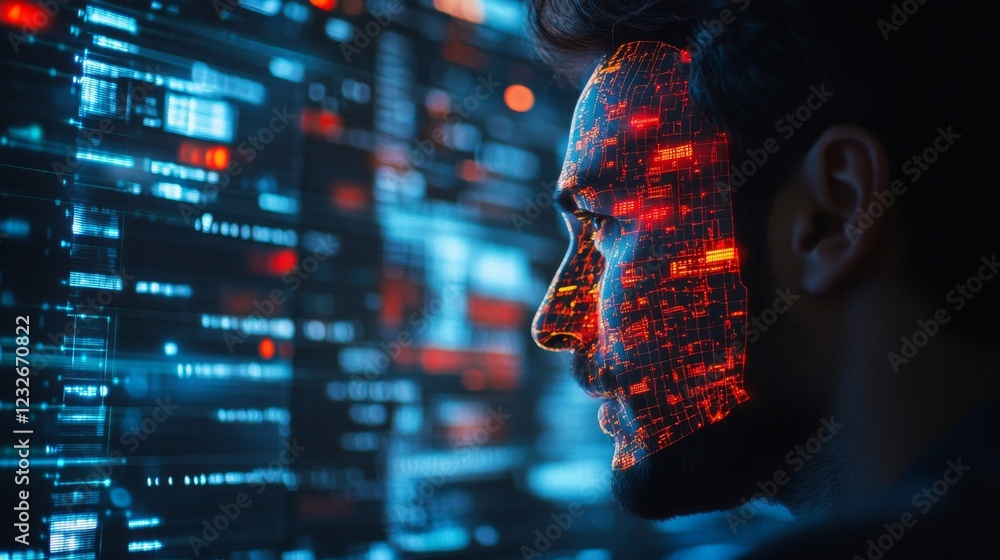 Aufkleber man's face illuminated by red and orange code on dark background