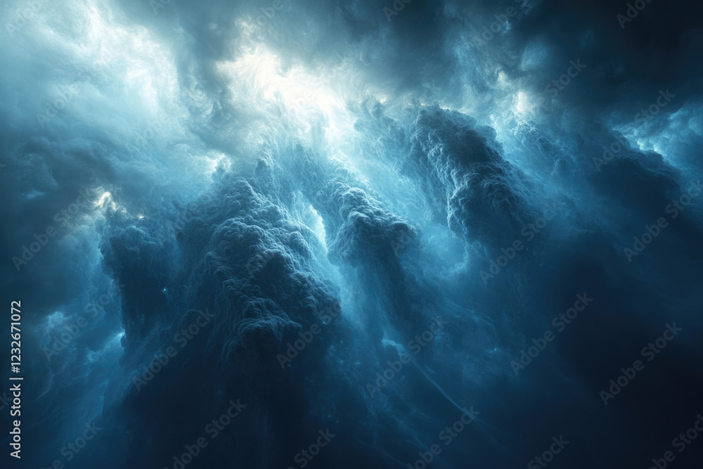 Poster abstract digital art depicting a dramatic, ethereal cloudscape with luminous blue hues and deep shad