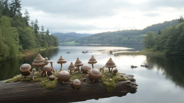 Miniature snail-shell mushrooms on mossy log by calm lake.