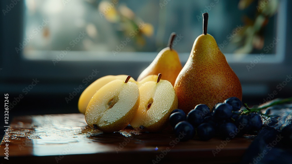 Aufkleber a close up of a table with a pear and an apple on it