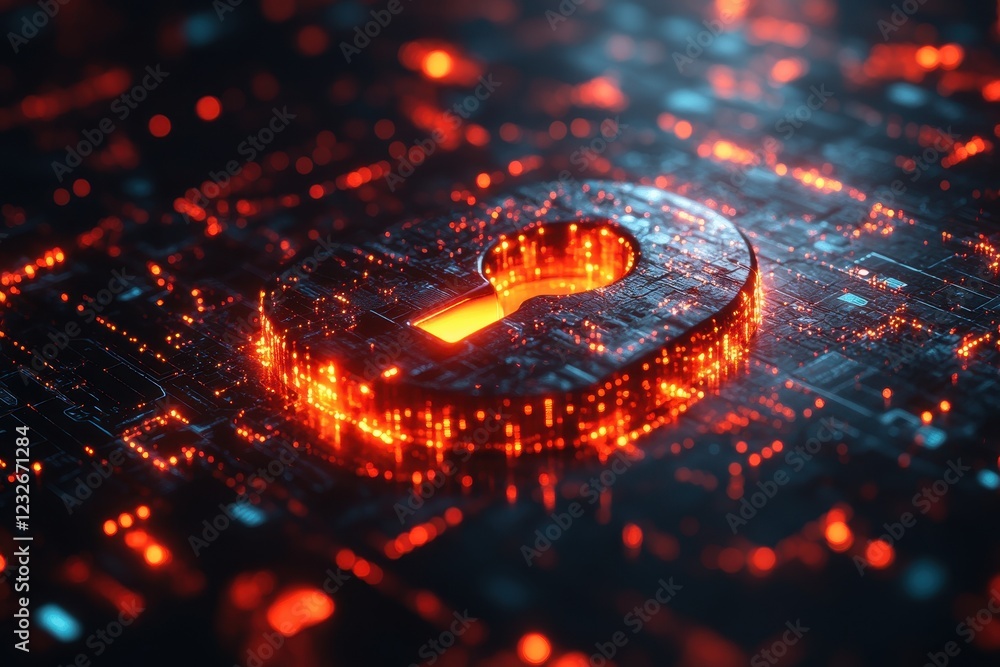 Poster digital security concept featuring a glowing lock symbol amidst a network of data processing