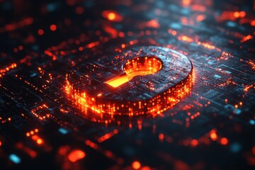 Digital security concept featuring a glowing lock symbol amidst a network of data processing