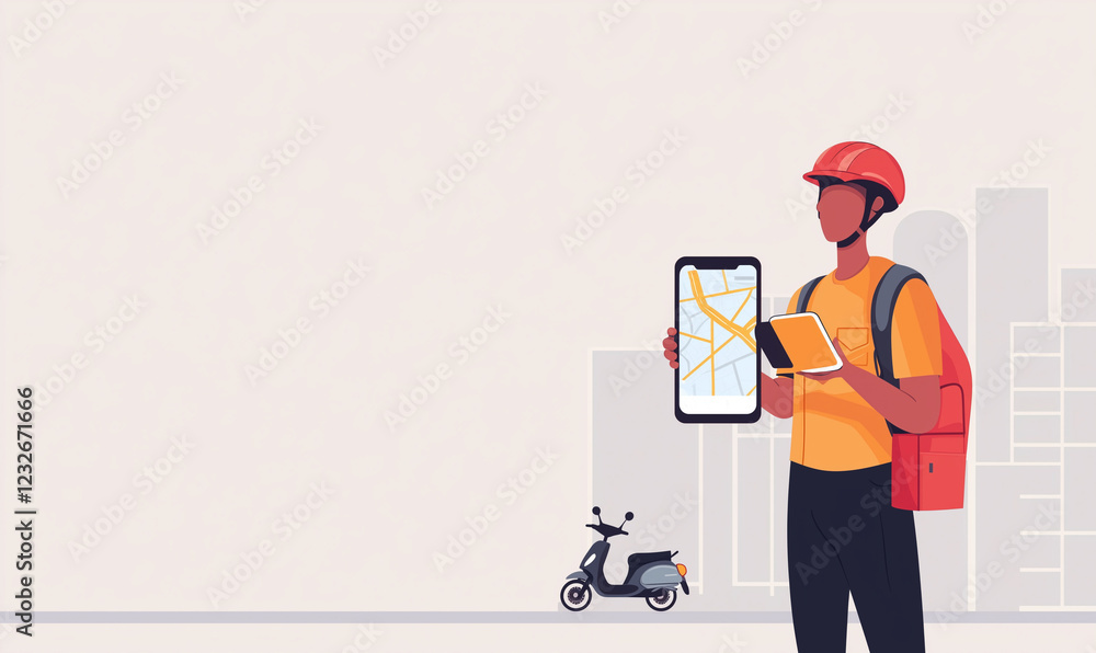 Poster delivery action by a courier using technology in urban setting for supply chain management efficienc