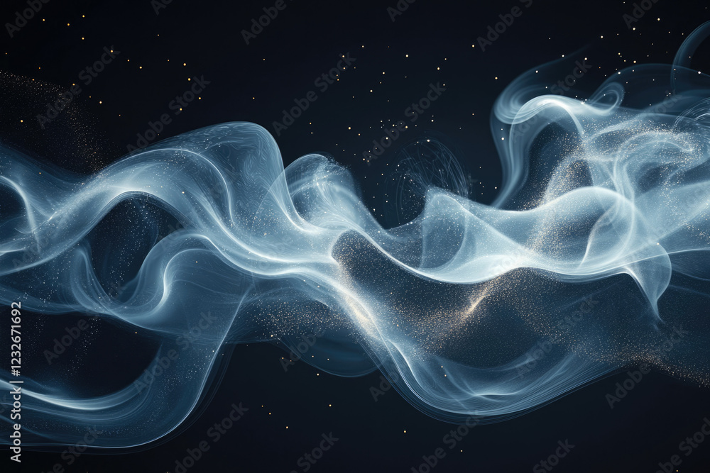 Poster abstract ethereal blue waves with golden sparkles on a dark background, creating a dreamy, cosmic ef
