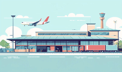 Air cargo operations airport logistics hub digital illustration urban environment aerial view supply chain management concepts