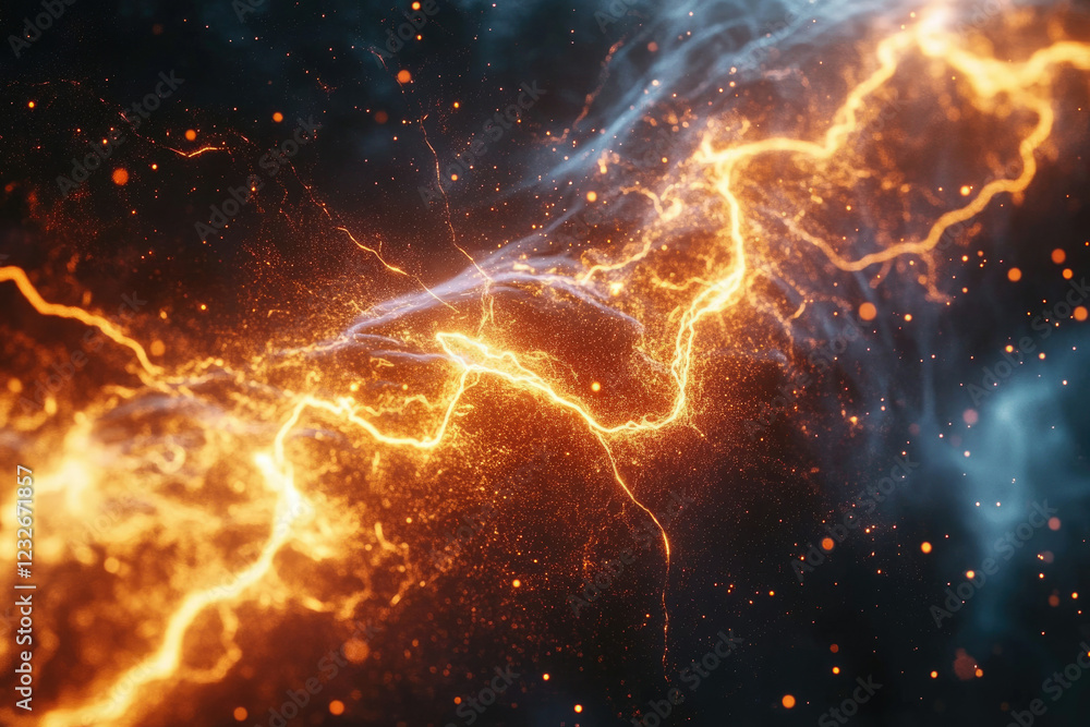 Poster fiery electric currents flow through a dark, cosmic dust cloud, creating a mesmerizing spectacle of 