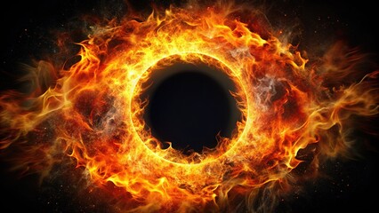 Double-exposed black hole, ring of fire, dark backdrop, AI art.