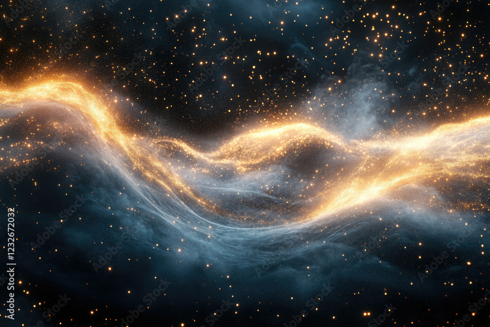 Poster A cosmic wave of golden light and stardust flows through a dark nebula, creating a mesmerizing celestial scene.