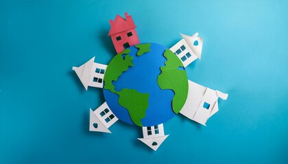 종이로 만든 둥근 지구 위에 작은 집들이 놓인 종이인형