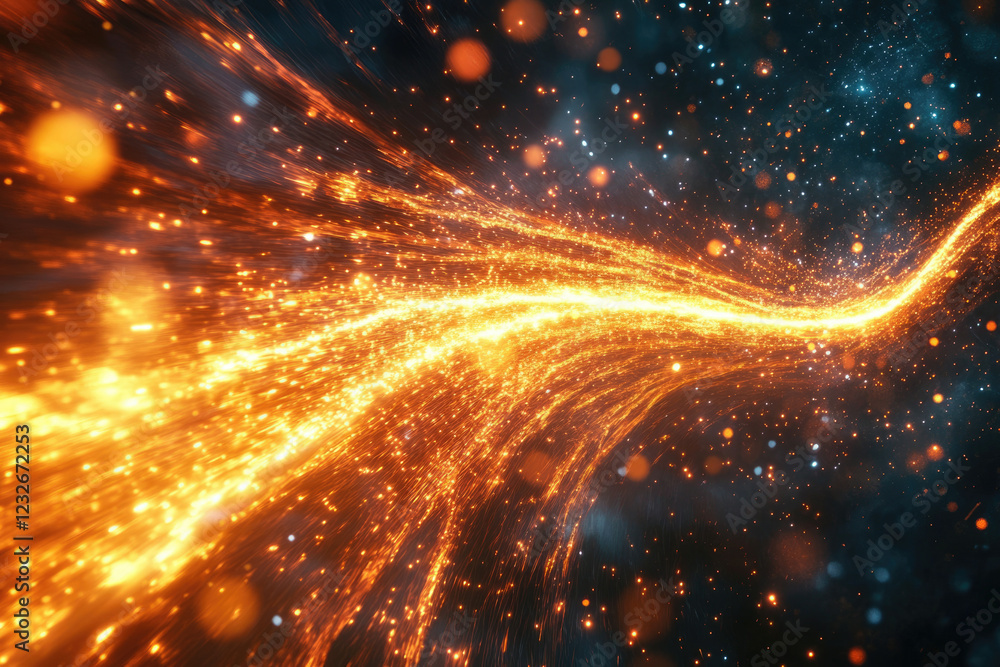 Aufkleber a vibrant, fiery stream of light particles streaks across a dark, cosmic backdrop, creating a dynami