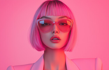 Photograph of a fashion model with a pink bob hairstyle, wearing a pastel suit and sunglasses.