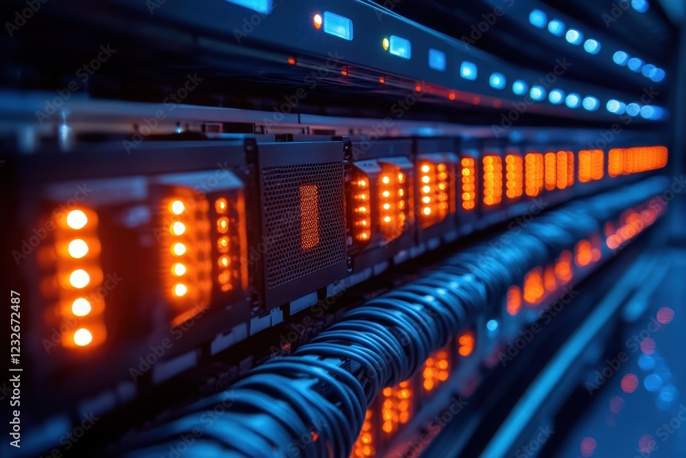 Poster server room filled with illuminated data racks showcasing advanced technology and intricate cable ma