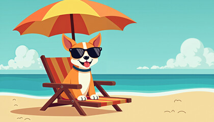 Happy Dog Relaxing on Beach Chair Under Summer Umbrella Cartoon Illustration