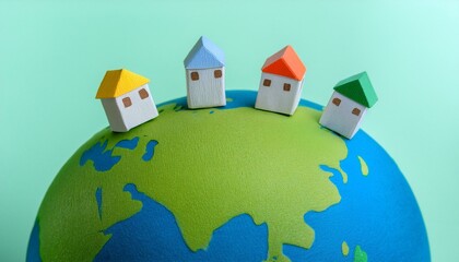 Fototapeta premium 종이로 만든 둥근 지구 위에 작은 집들이 놓인 종이인형