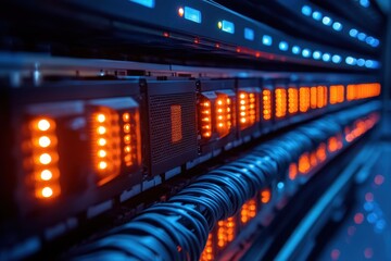Fototapeta premium Server room filled with illuminated data racks showcasing advanced technology and intricate cable management