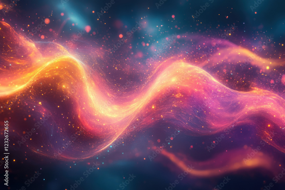 Poster abstract cosmic wave with vibrant colors and sparkling particles, resembling a nebula or energy flow