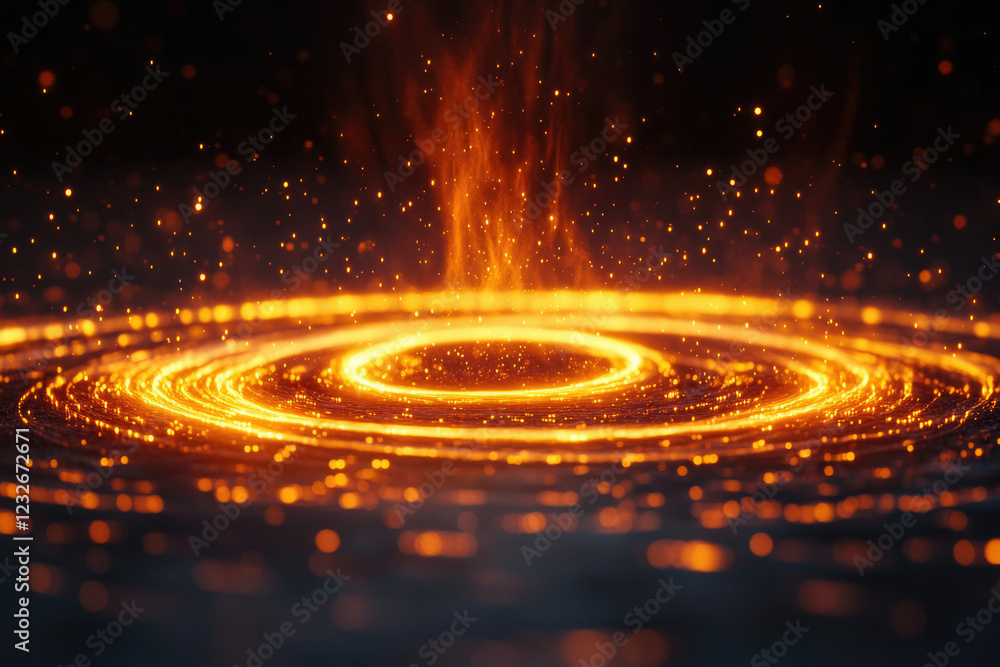 Poster glowing orange energy swirls in concentric circles, creating a mesmerizing, fiery vortex.