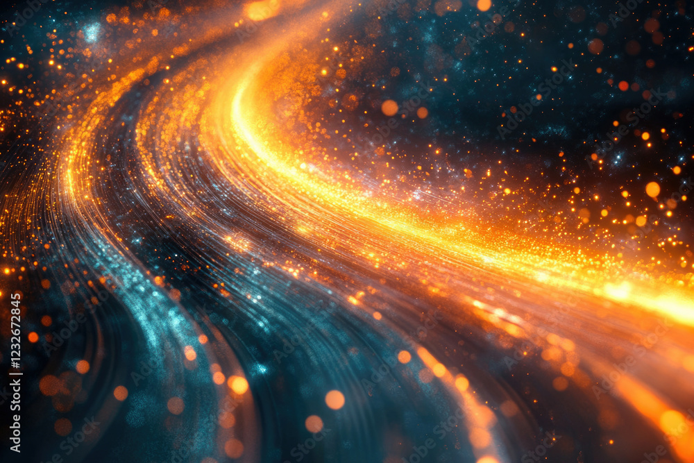 Poster abstract cosmic artwork with swirling orange and teal lights, creating a mesmerizing galaxy-like eff