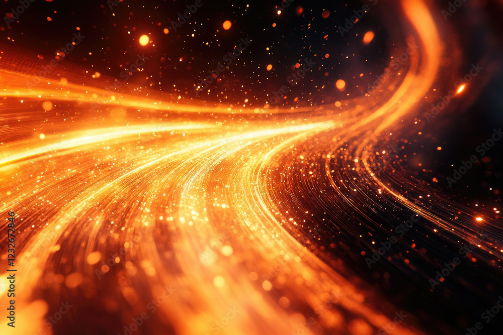 Poster abstract fiery orange glowing streaks and particles, creating a dynamic and energetic visual.