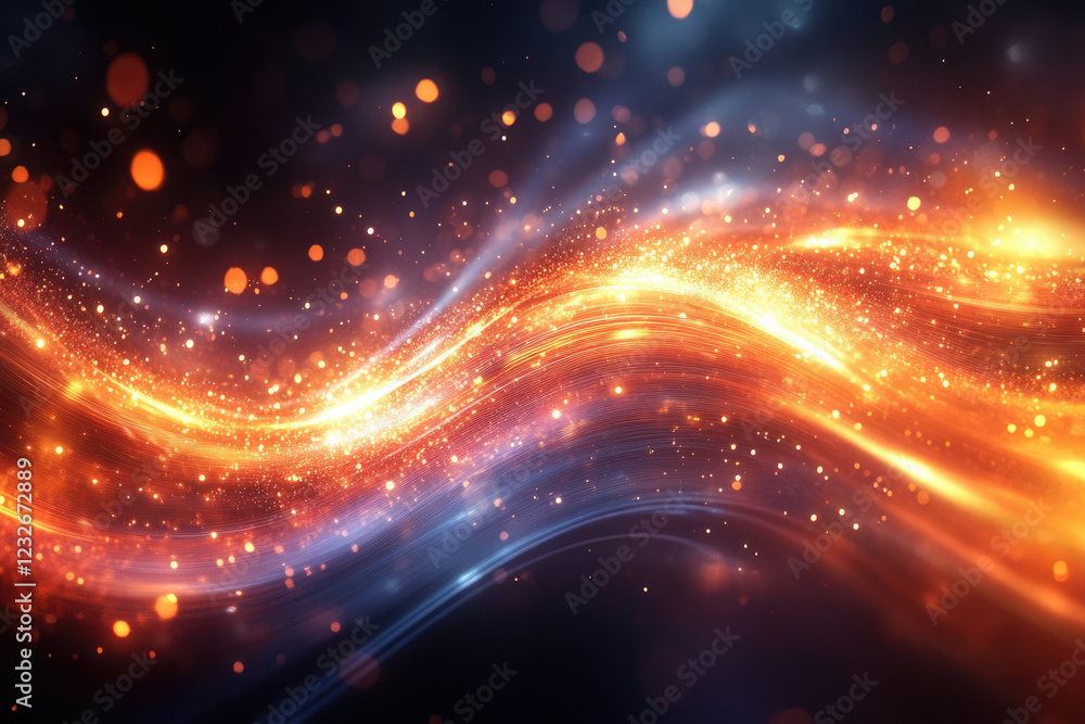 Poster abstract background with glowing orange and blue waves, sparkling particles and bokeh lights.
