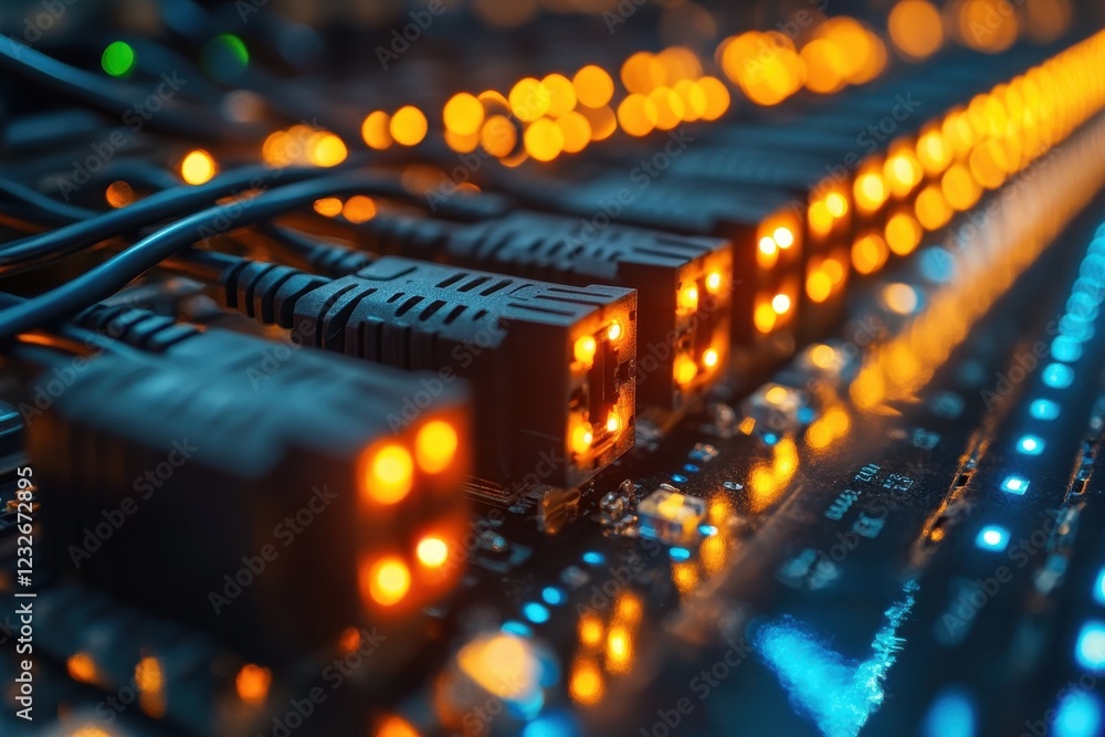 Poster close-up of illuminated connectors on a circuit board at a tech facility during an evening session
