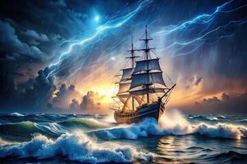 Fototapeta premium Dark waves crash; a solitary vessel, defying the storm.