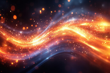 Obraz premium Abstract background with glowing orange and blue waves, sparkling particles and bokeh lights.