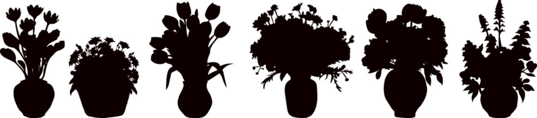 bouquets of flowers in vases silhouette on white background vector