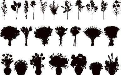 set of bouquets of flowers in vases, bouquets of flowers, flowers silhouette on a white background vector