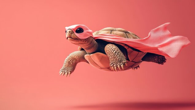 Super Turtle Takes Flight: A playful and imaginative image of a cute turtle wearing a pink cape and mask, soaring through the air with a determined expression.