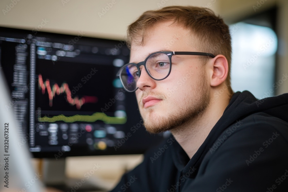 Poster young man analyzing stock market trends on computer while studying financial data during evening hou