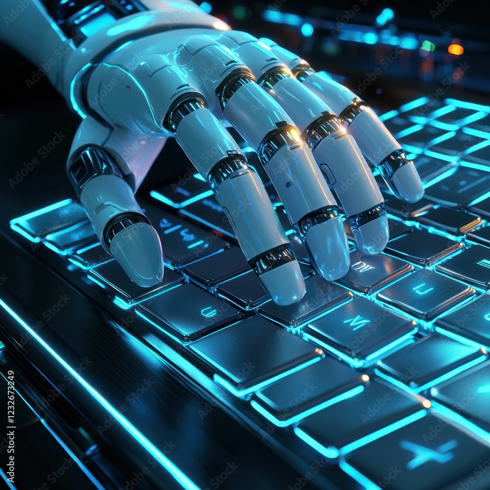 Poster a robotic hand is typing on a keyboard with a blue background