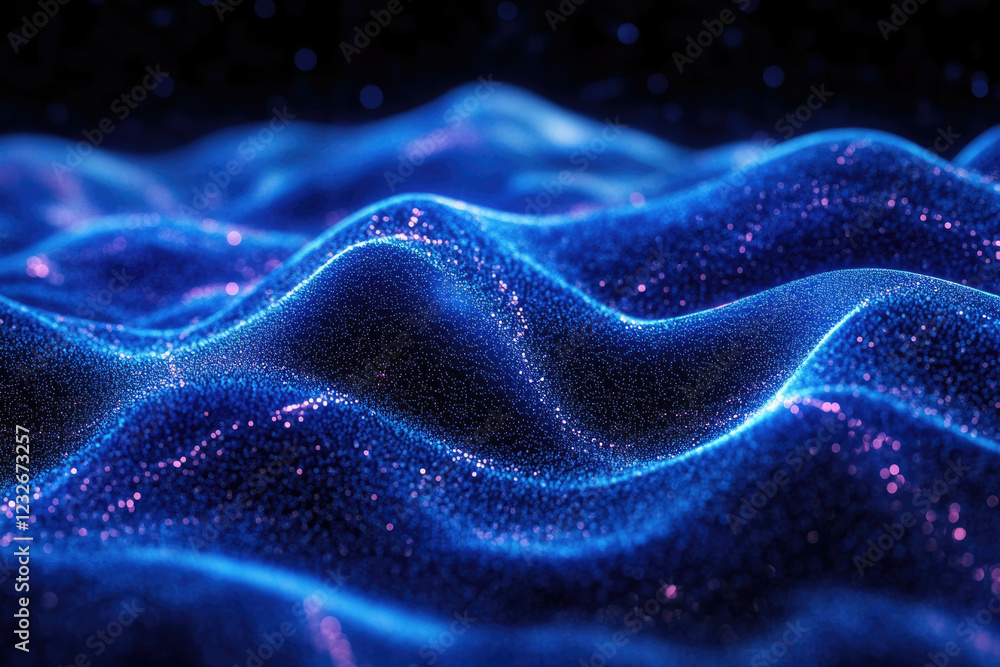 Aufkleber abstract blue wavy background with glowing particles, representing data flow or digital landscape.