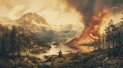 Fototapeta premium Volcanic eruption, mountain lake, wildfire, scenic landscape, dramatic sunset, nature disaster, environmental impact, artistic painting