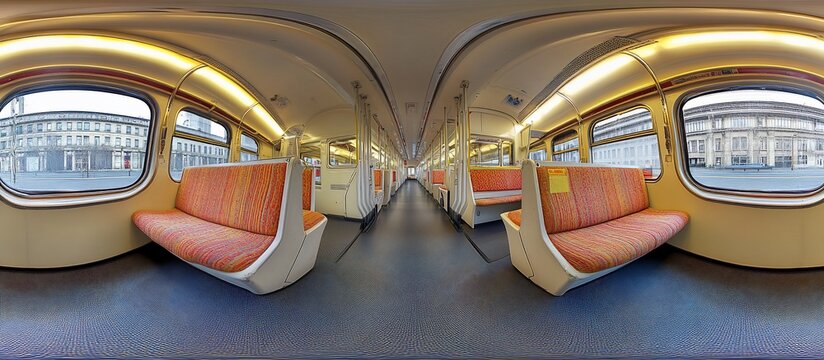 Empty train car 360 view, city backdrop, VR use