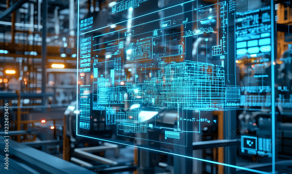 Poster futuristic industrial interface showcasing digital blueprints and data analytics in a modern factory
