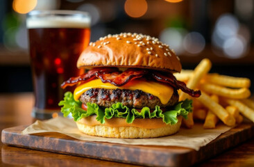 Tasty burger with juicy patty, fried bacon, fresh herbs and cheese on wooden board, next to it there fries with glass of sweet soda water. Background cafe blur. Fast food concept