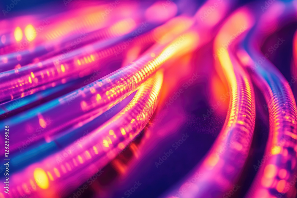 Poster vibrant pink and orange illuminated tubes, glowing with internal light sources, creating an abstract