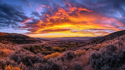Fototapeta premium Fiery sunset over mountain road, autumn valley