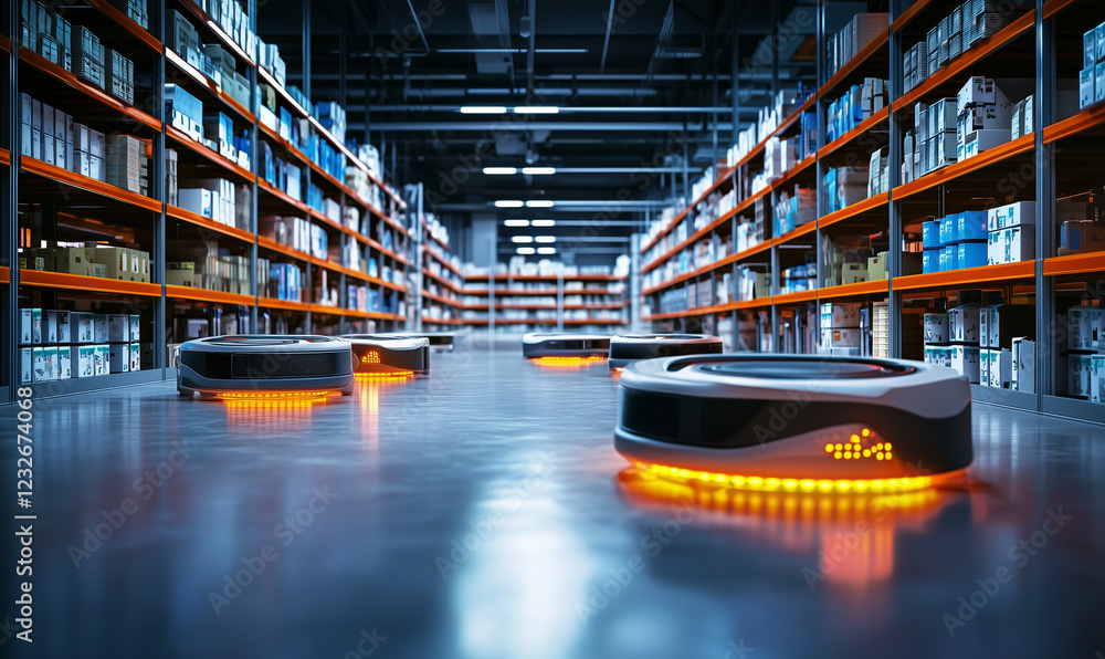 Poster automated robotics in warehouse operations modern distribution center technology showcase industrial