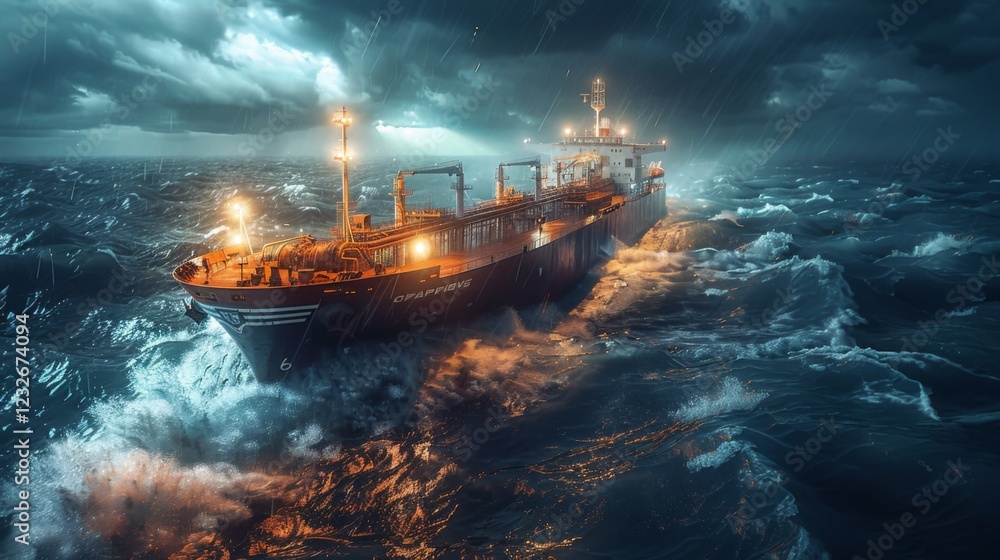 Poster a container ship struggles to stay on course amid fierce waves and dark storm clouds. the scene capt