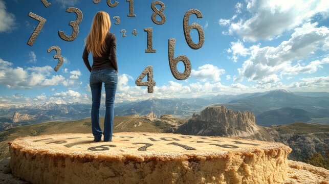 Woman standing on a rock surrounded by floating numbers against a clear sky background