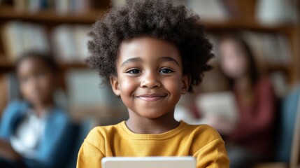 Smiling African American Girl Using Tablet in Library Setting